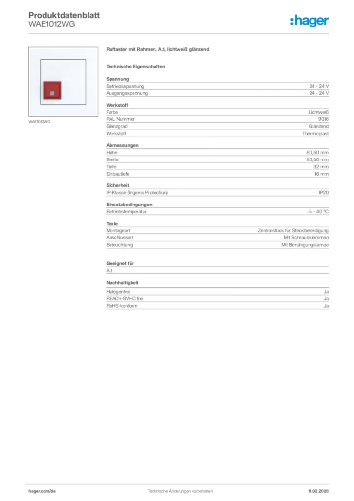 Bild Hager Produktdatenblatt WAE1012WG | Hager Deutschland