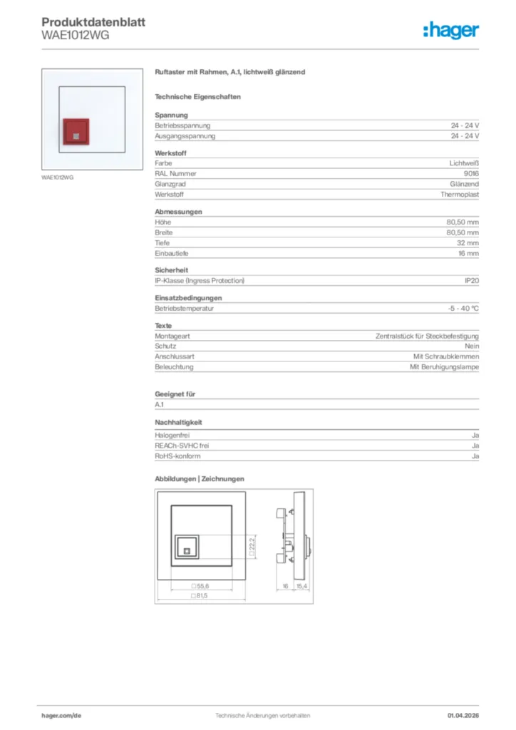 Bild Hager Produktdatenblatt WAE1012WG | Hager Deutschland