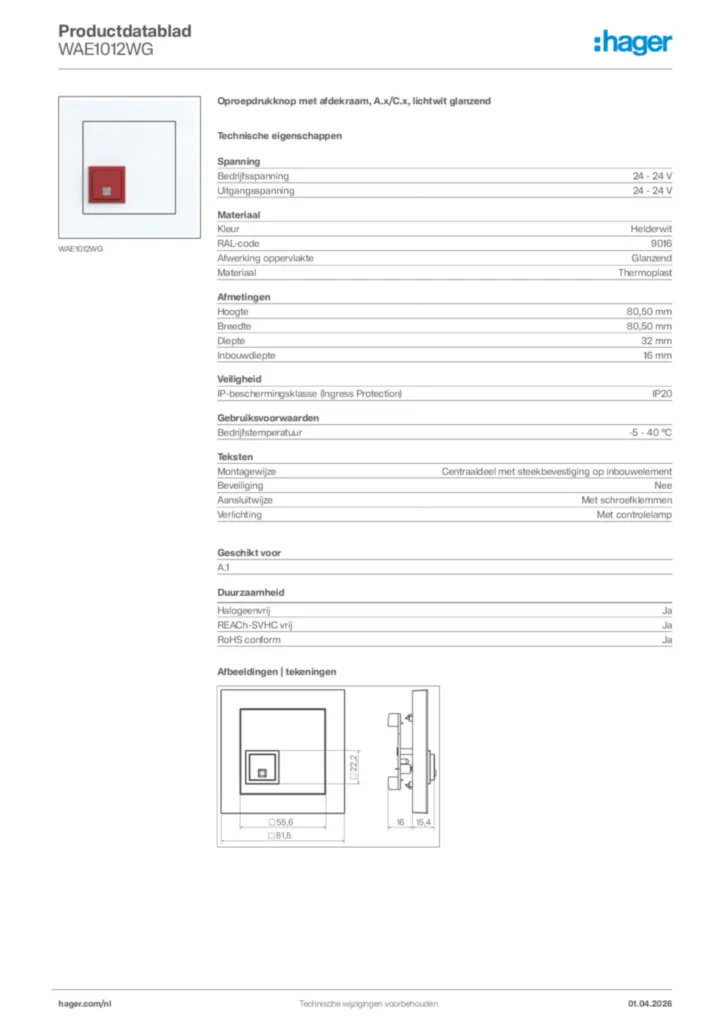 Afbeelding Hager Productdatablad WAE1012WG | Hager Nederland