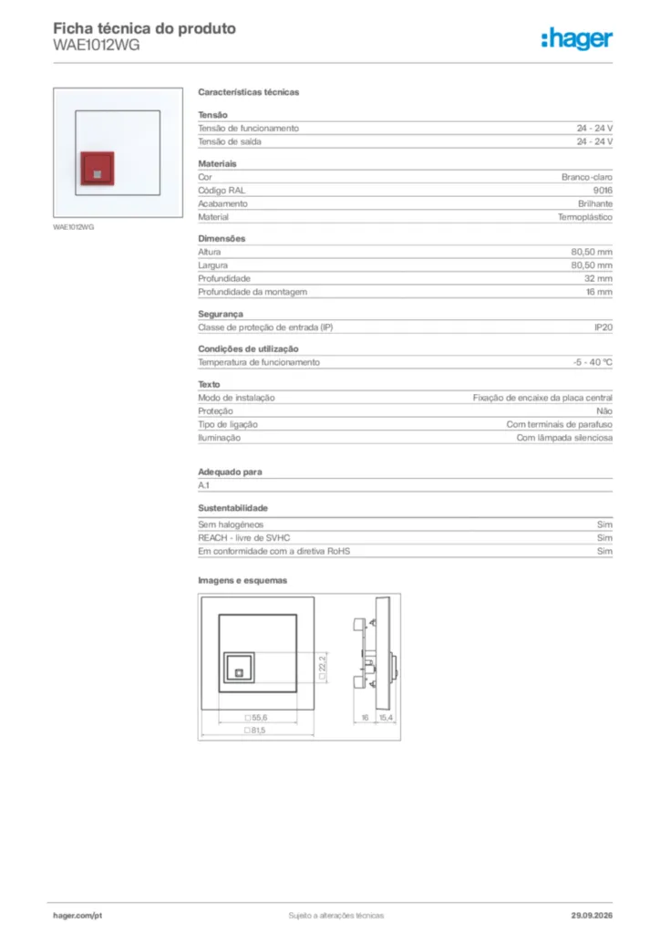 Imagem Hager Ficha técnica do produto WAE1012WG | Hager Portugal