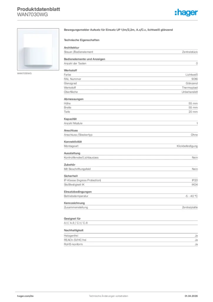Bild Hager Produktdatenblatt WAN7030WG | Hager Deutschland