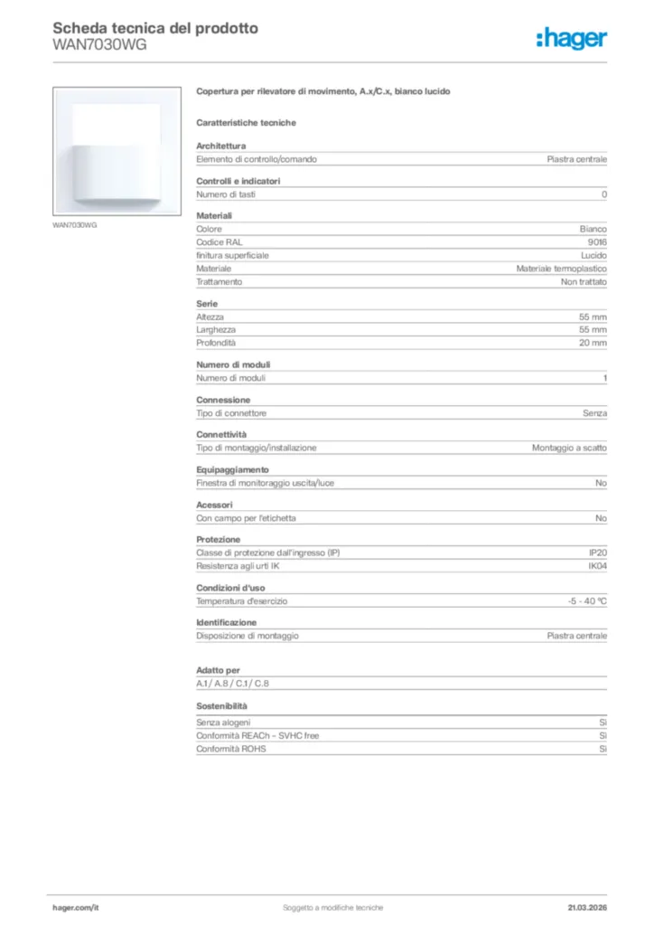 Immagine Hager Scheda tecnica del prodotto WAN7030WG | Hager Italia