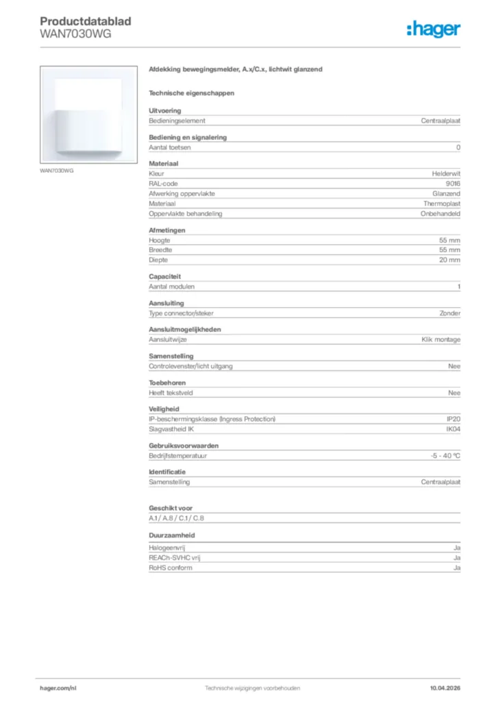 Afbeelding Hager Productdatablad WAN7030WG | Hager Nederland
