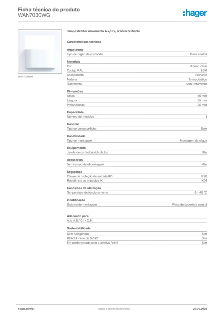Imagem Hager Ficha técnica do produto WAN7030WG | Hager Portugal
