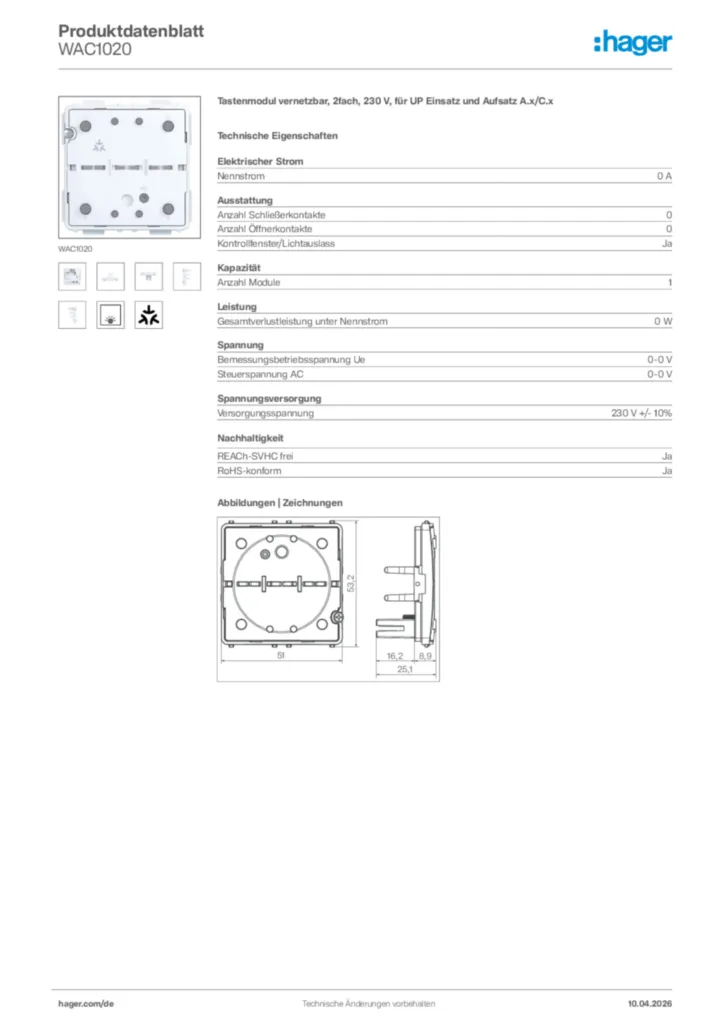 Bild Hager Produktdatenblatt WAC1020 | Hager Deutschland