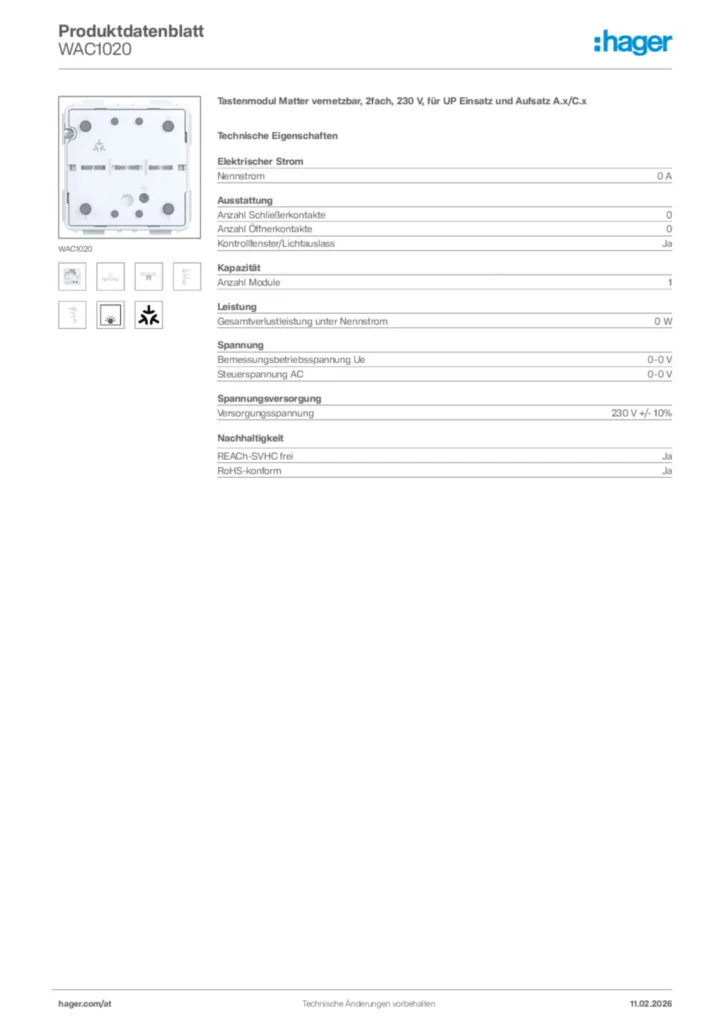 Bild Hager Produktdatenblatt WAC1020 | Hager Deutschland