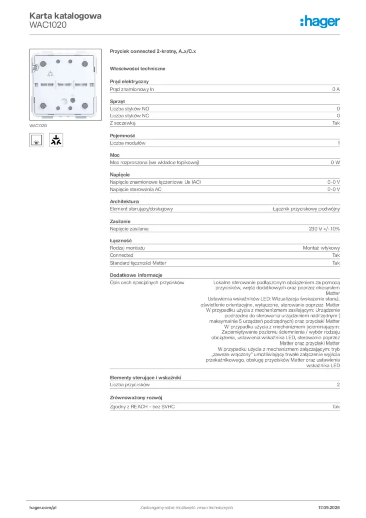 Zdjęcie Hager Karta katalogowa WAC1020 | Hager Polska