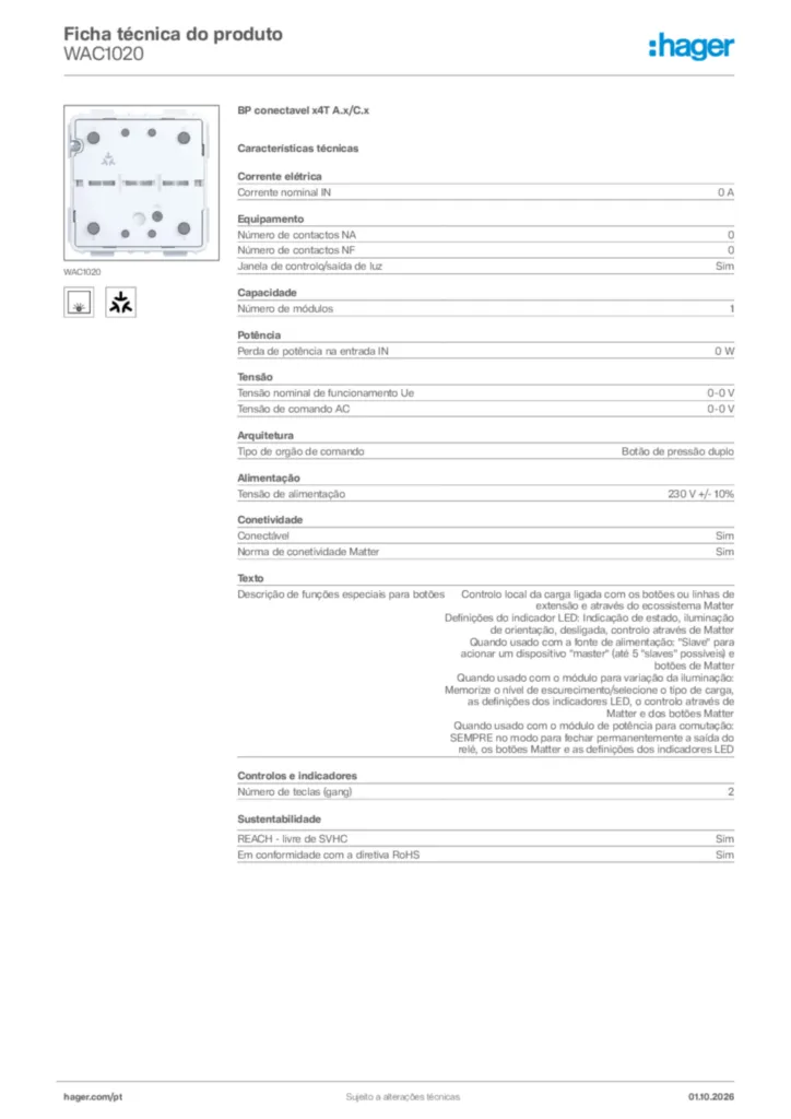 Imagem Hager Ficha técnica do produto WAC1020 | Hager Portugal