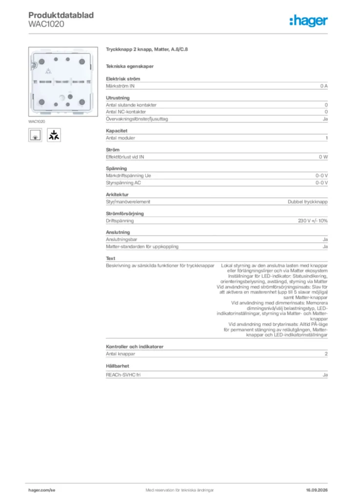 Bild Hager Produktdatablad WAC1020 | Hager Sverige
