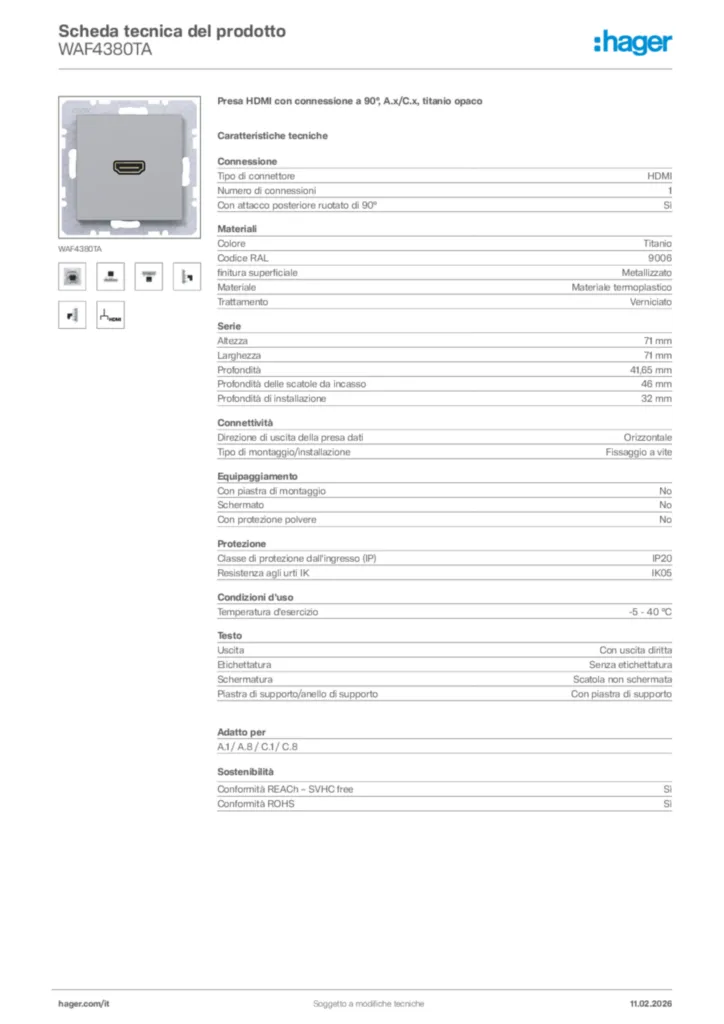 Immagine Hager Scheda tecnica del prodotto WAF4380TA | Hager Italia