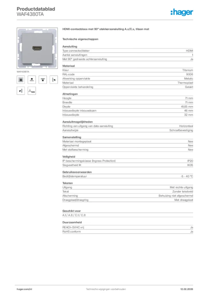 Afbeelding Hager Productdatablad WAF4380TA | Hager Nederland