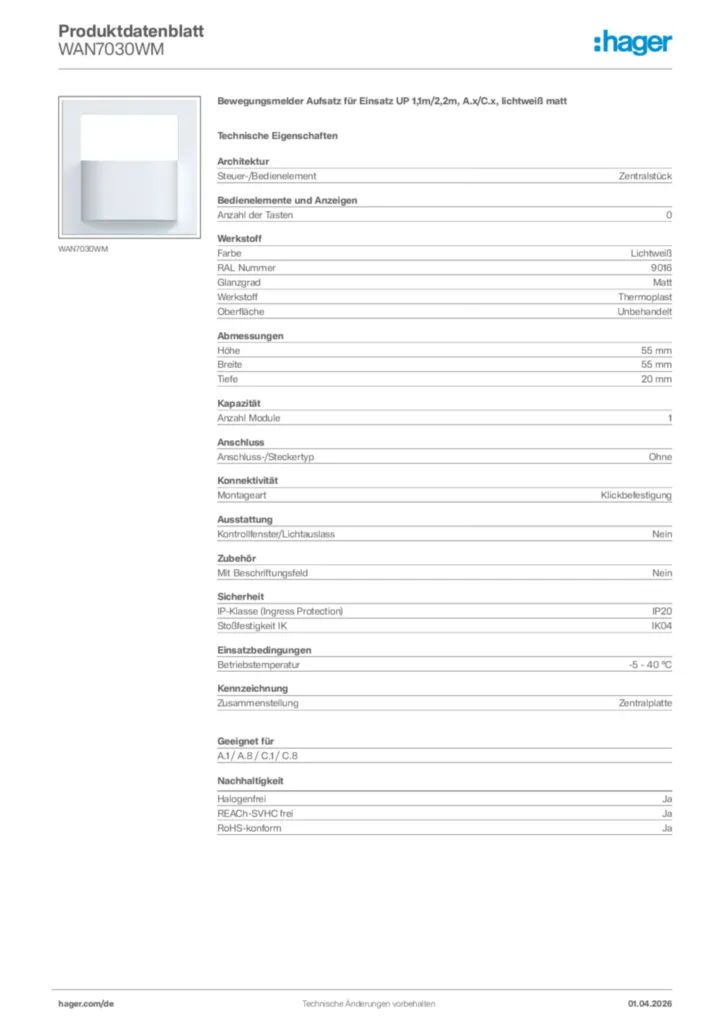 Bild Hager Produktdatenblatt WAN7030WM | Hager Deutschland