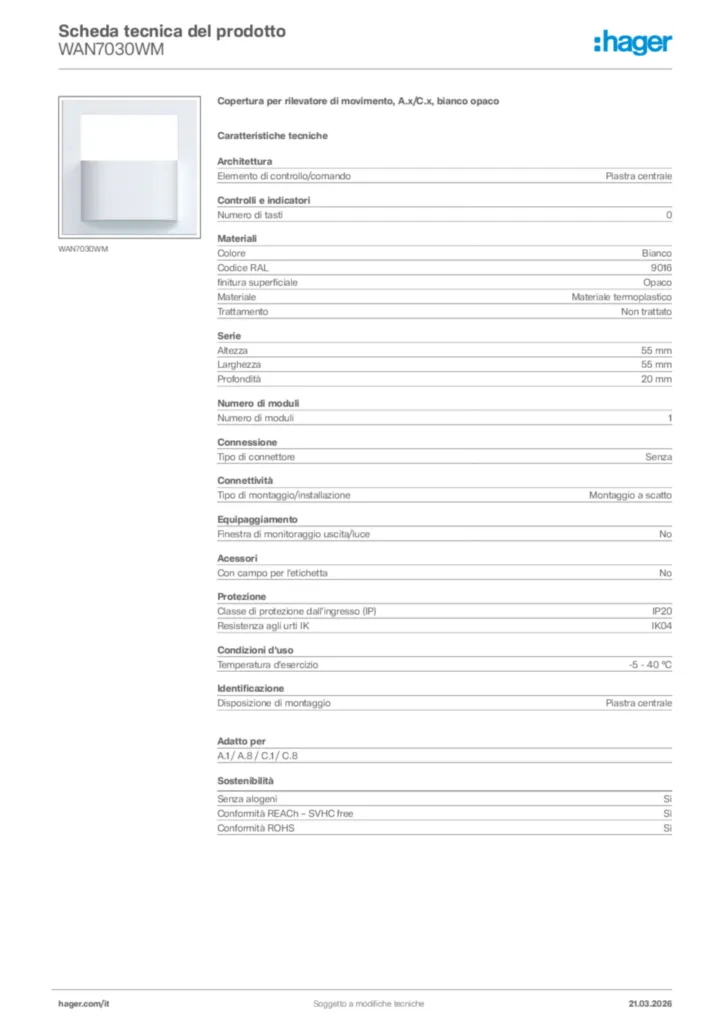 Immagine Hager Scheda tecnica del prodotto WAN7030WM | Hager Italia