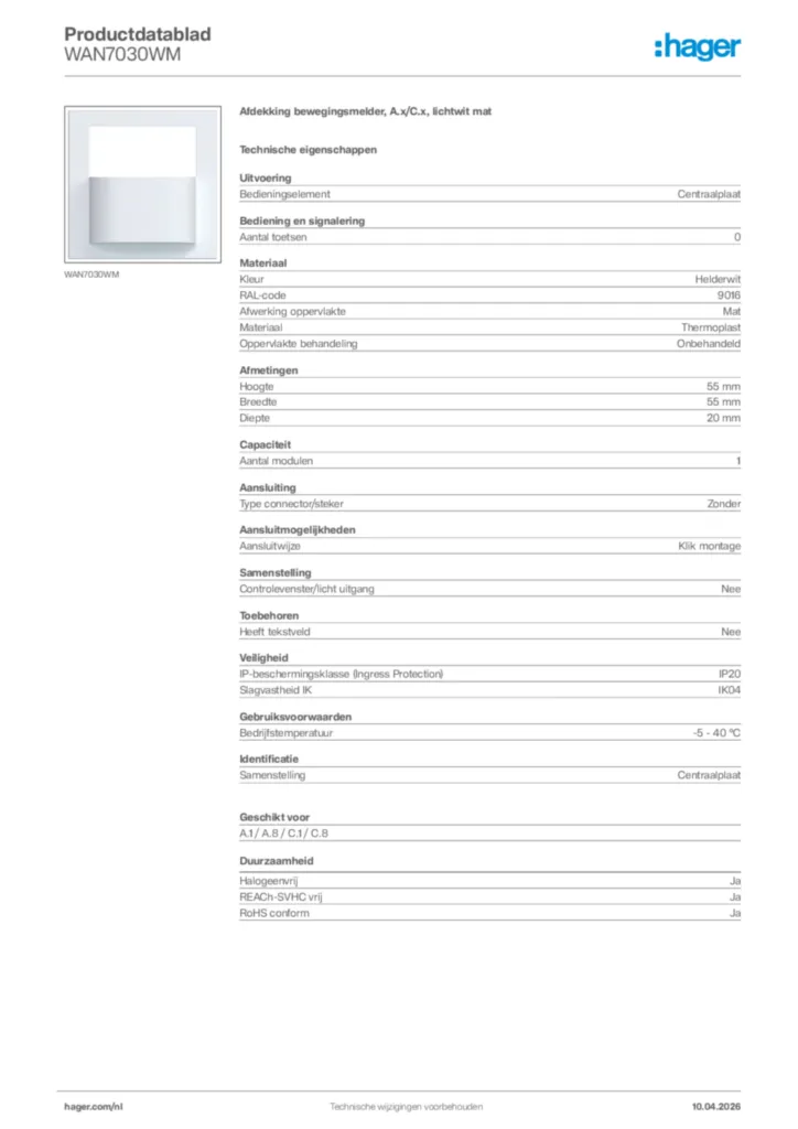 Afbeelding Hager Productdatablad WAN7030WM | Hager Nederland