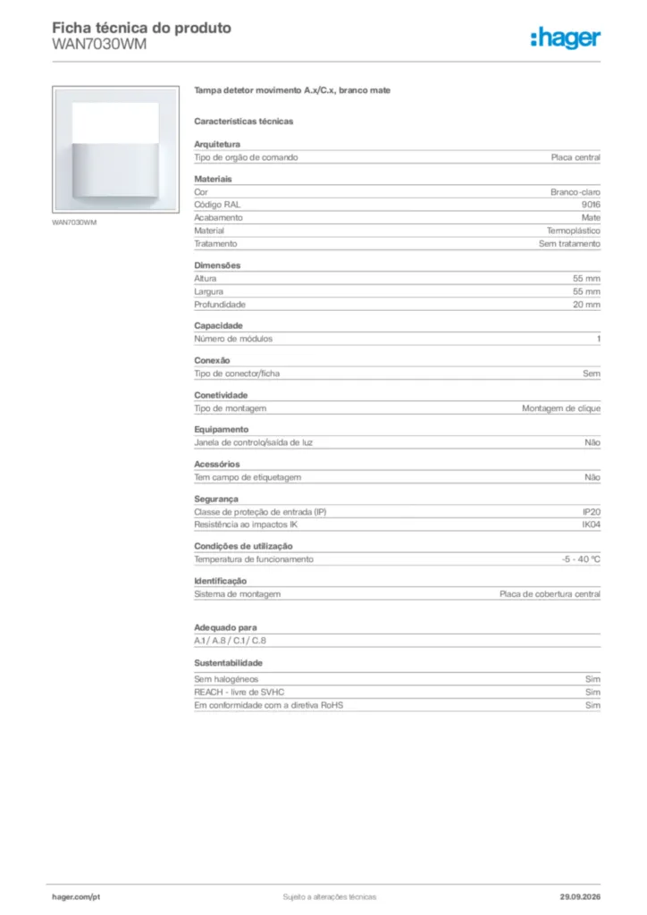 Imagem Hager Ficha técnica do produto WAN7030WM | Hager Portugal