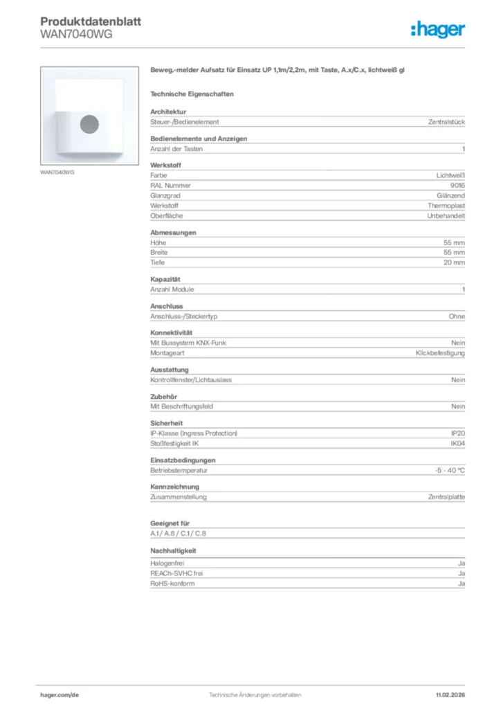 Bild Hager Produktdatenblatt WAN7040WG | Hager Deutschland