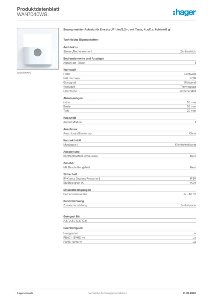 Bild Hager Produktdatenblatt WAN7040WG | Hager Deutschland