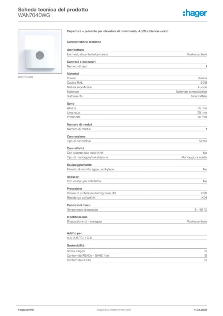 Immagine Hager Scheda tecnica del prodotto WAN7040WG | Hager Italia