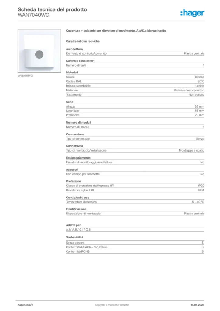 Immagine Hager Scheda tecnica del prodotto WAN7040WG | Hager Italia