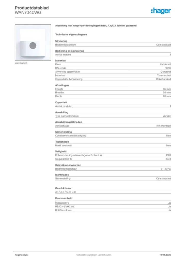 Afbeelding Hager Productdatablad WAN7040WG | Hager Nederland