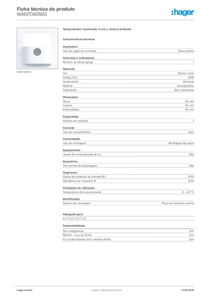 Imagem Hager Ficha técnica do produto WAN7040WG | Hager Portugal