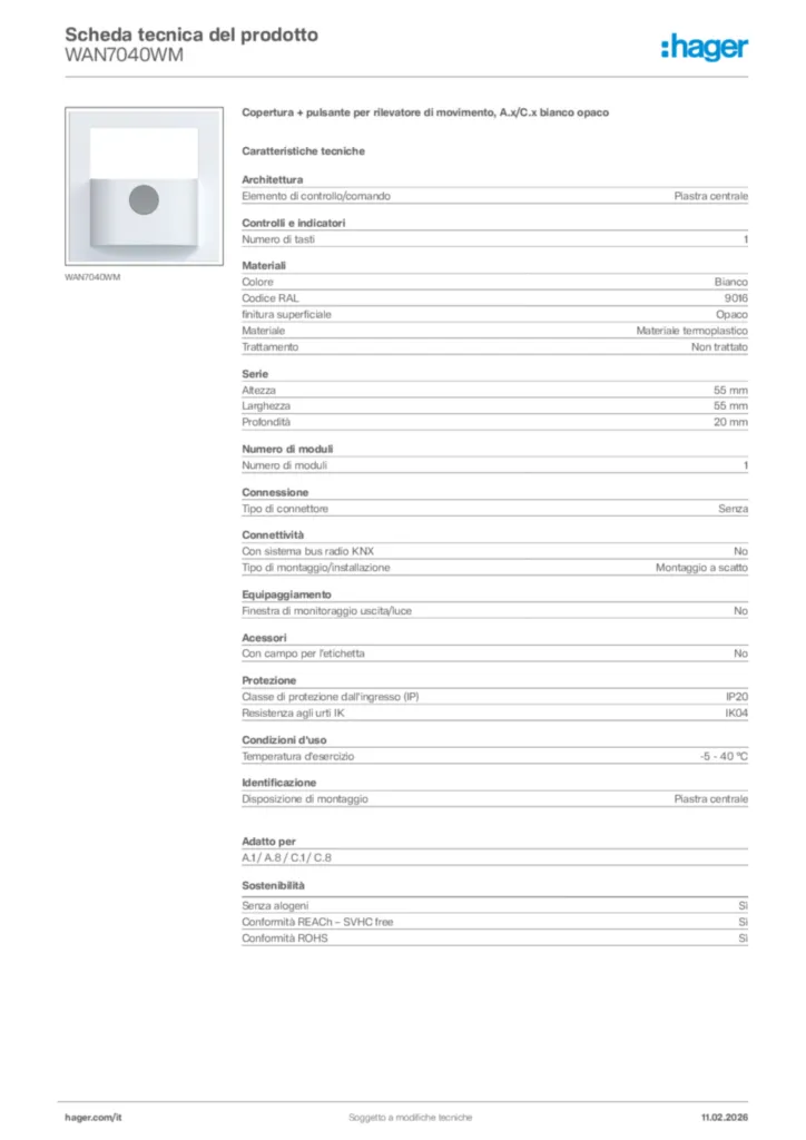 Immagine Hager Scheda tecnica del prodotto WAN7040WM | Hager Italia