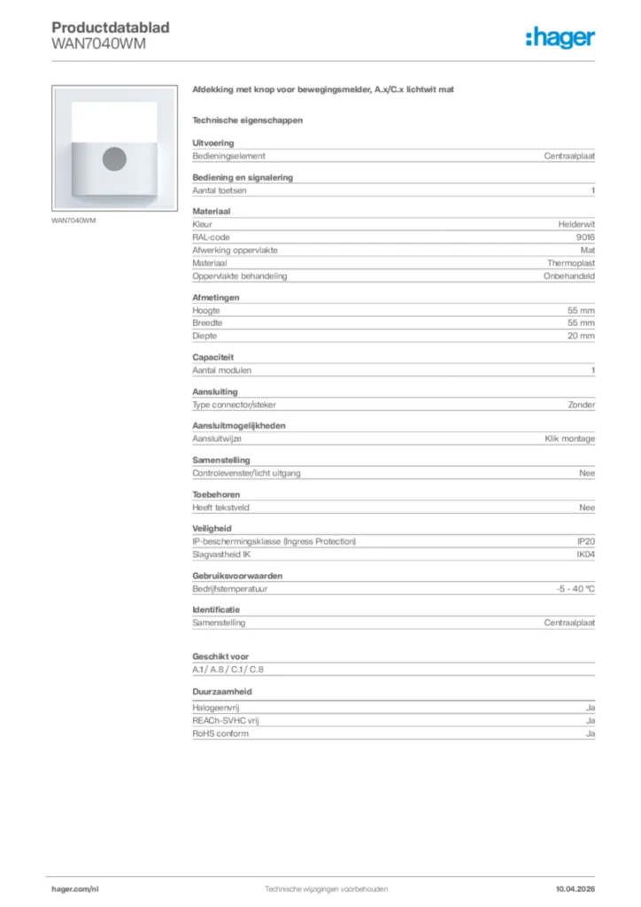 Afbeelding Hager Productdatablad WAN7040WM | Hager Nederland