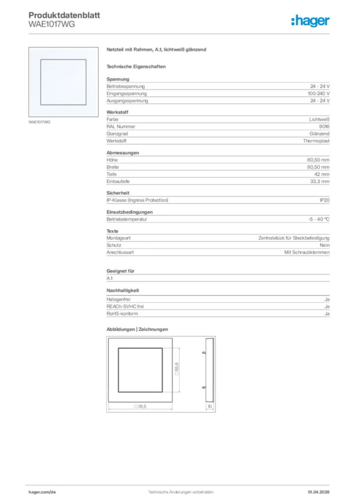 Bild Hager Produktdatenblatt WAE1017WG | Hager Deutschland