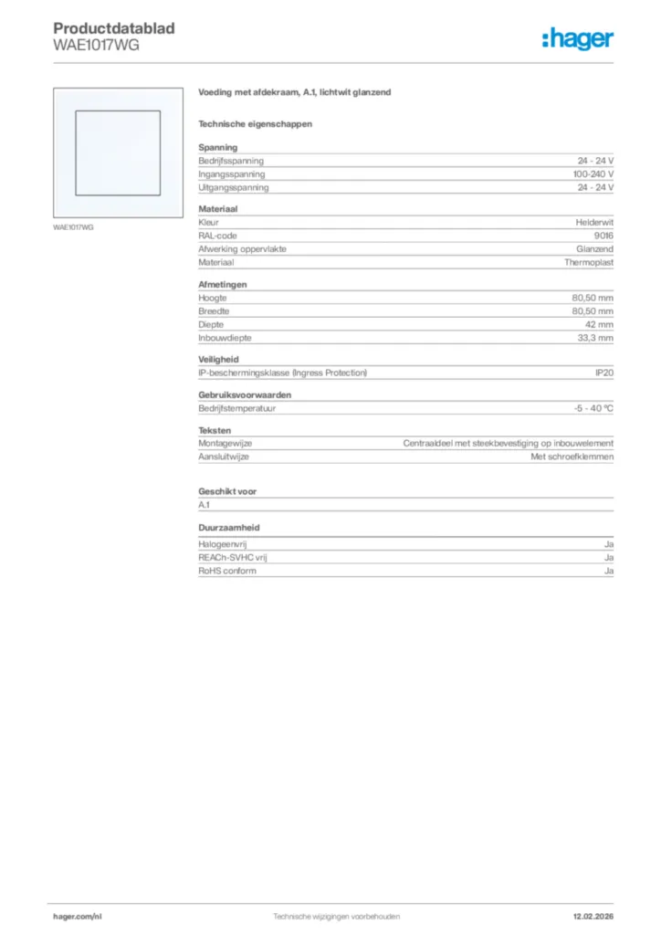 Afbeelding Hager Productdatablad WAE1017WG | Hager Nederland