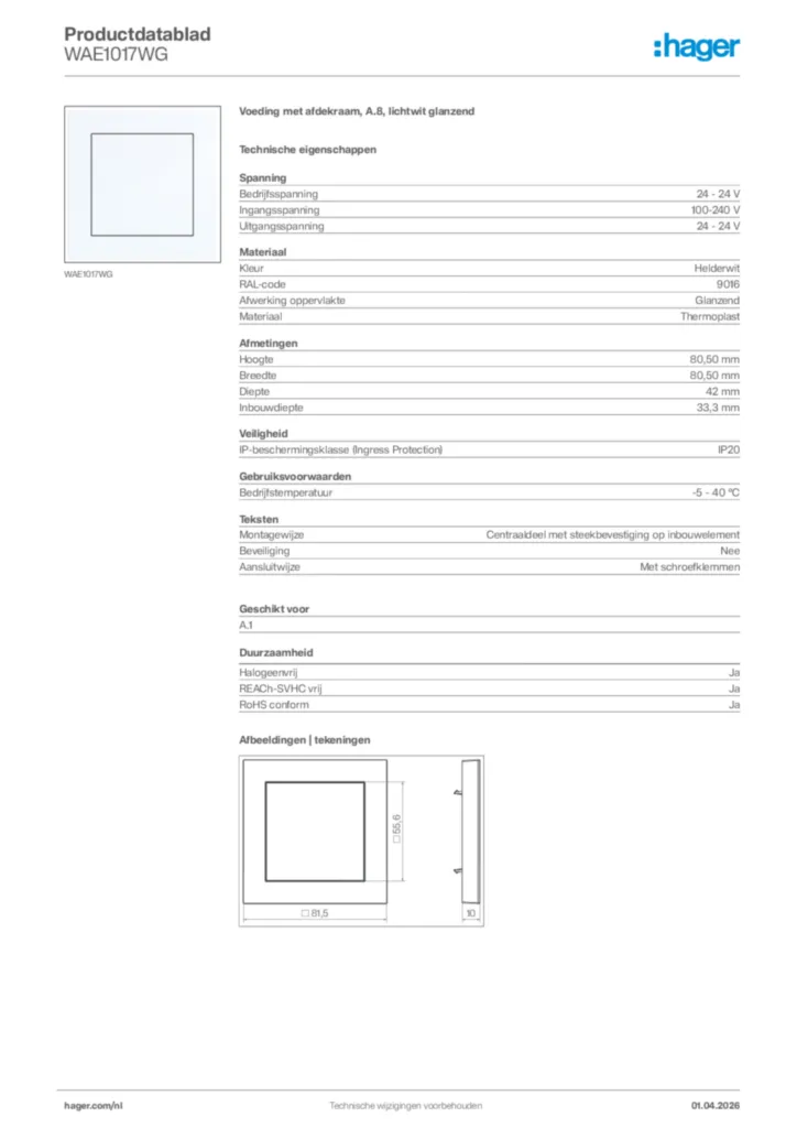 Afbeelding Hager Productdatablad WAE1017WG | Hager Nederland