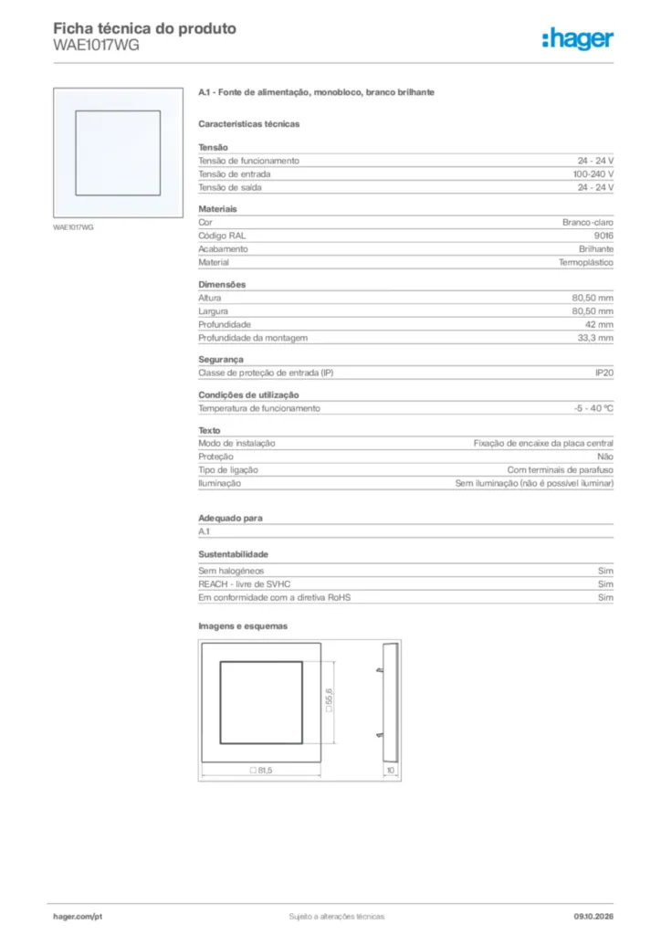 Imagem Hager Ficha técnica do produto WAE1017WG | Hager Portugal