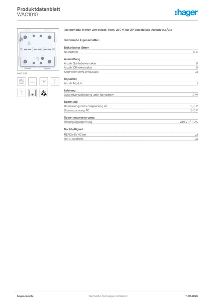 Bild Hager Produktdatenblatt WAC1010 | Hager Deutschland