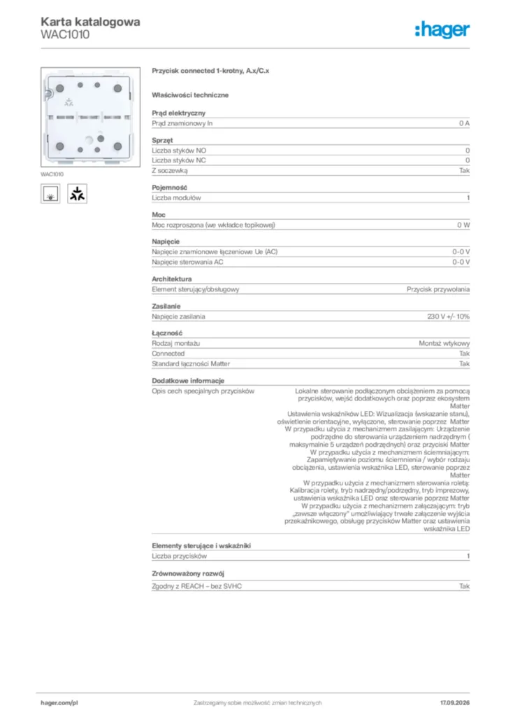 Zdjęcie Hager Karta katalogowa WAC1010 | Hager Polska