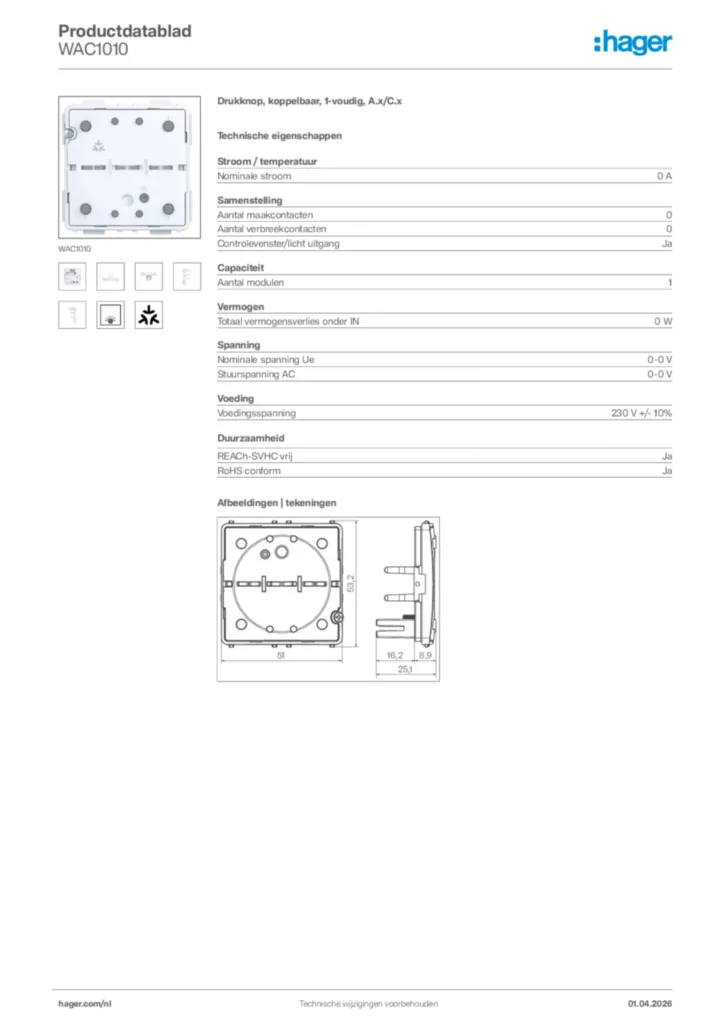 Afbeelding Hager Productdatablad WAC1010 | Hager Nederland