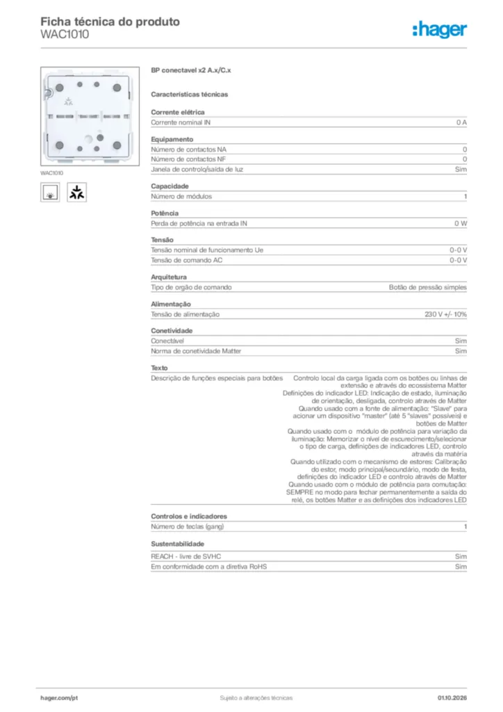 Imagem Hager Ficha técnica do produto WAC1010 | Hager Portugal
