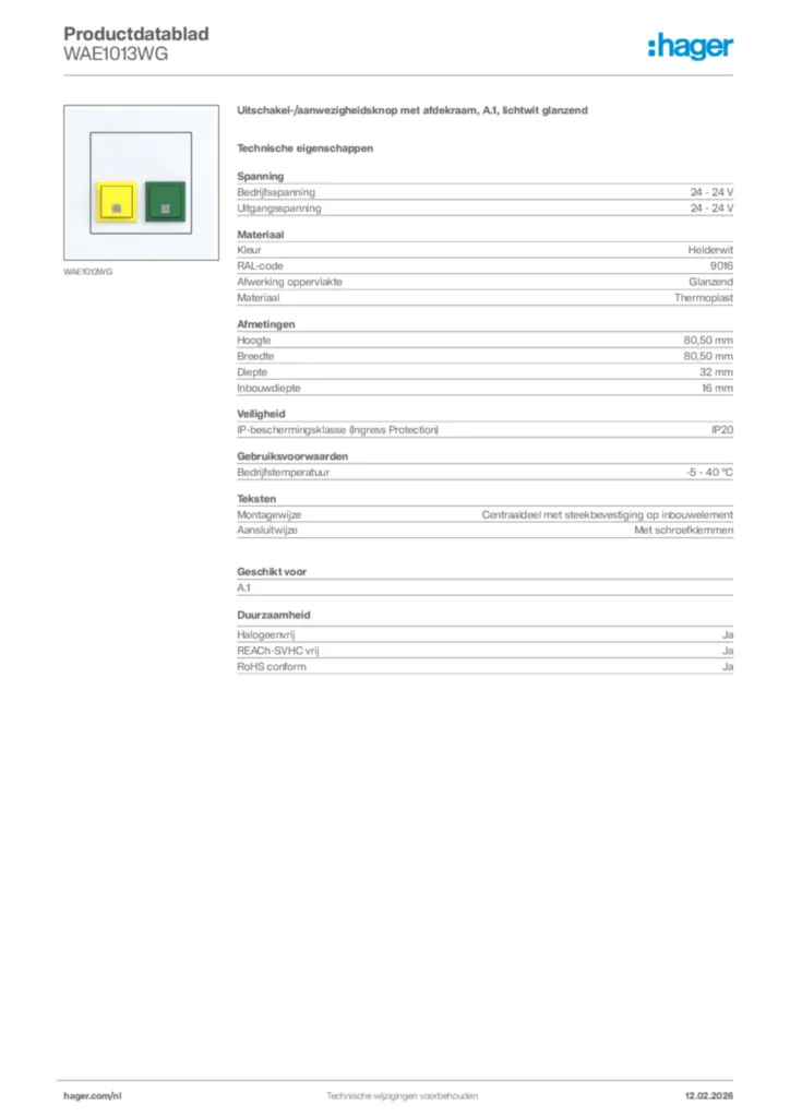 Afbeelding Hager Productdatablad WAE1013WG | Hager Nederland