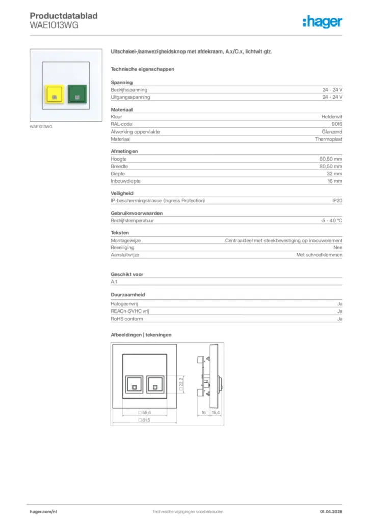 Afbeelding Hager Productdatablad WAE1013WG | Hager Nederland