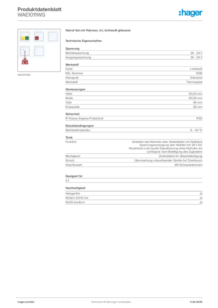 Bild Hager Produktdatenblatt WAE1011WG | Hager Deutschland
