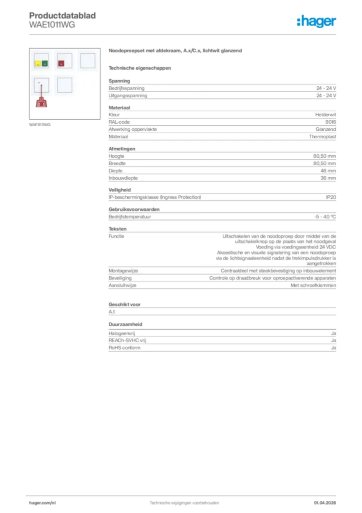 Afbeelding Hager Productdatablad WAE1011WG | Hager Nederland