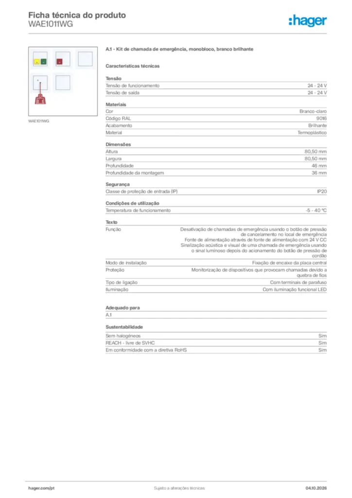 Imagem Hager Ficha técnica do produto WAE1011WG | Hager Portugal