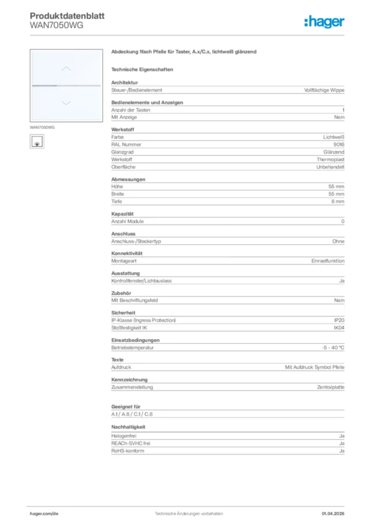 Bild Hager Produktdatenblatt WAN7050WG | Hager Deutschland