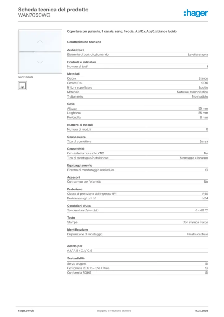 Immagine Hager Scheda tecnica del prodotto WAN7050WG | Hager Italia