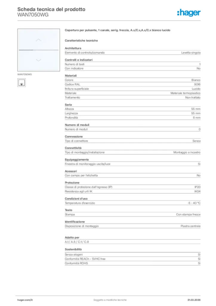 Immagine Hager Scheda tecnica del prodotto WAN7050WG | Hager Italia