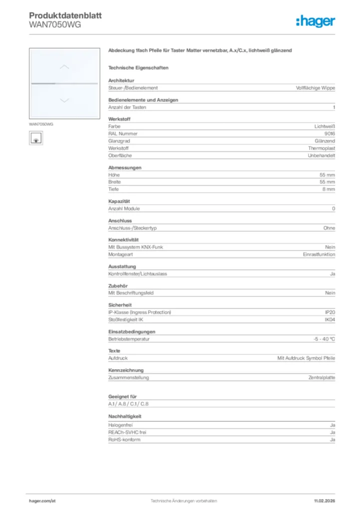 Bild Hager Produktdatenblatt WAN7050WG | Hager Deutschland