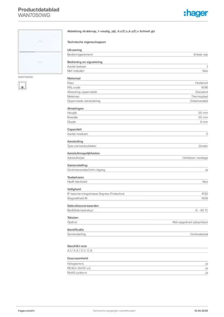 Afbeelding Hager Productdatablad WAN7050WG | Hager Nederland
