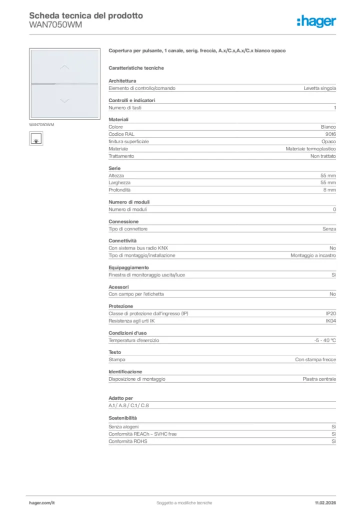 Immagine Hager Scheda tecnica del prodotto WAN7050WM | Hager Italia