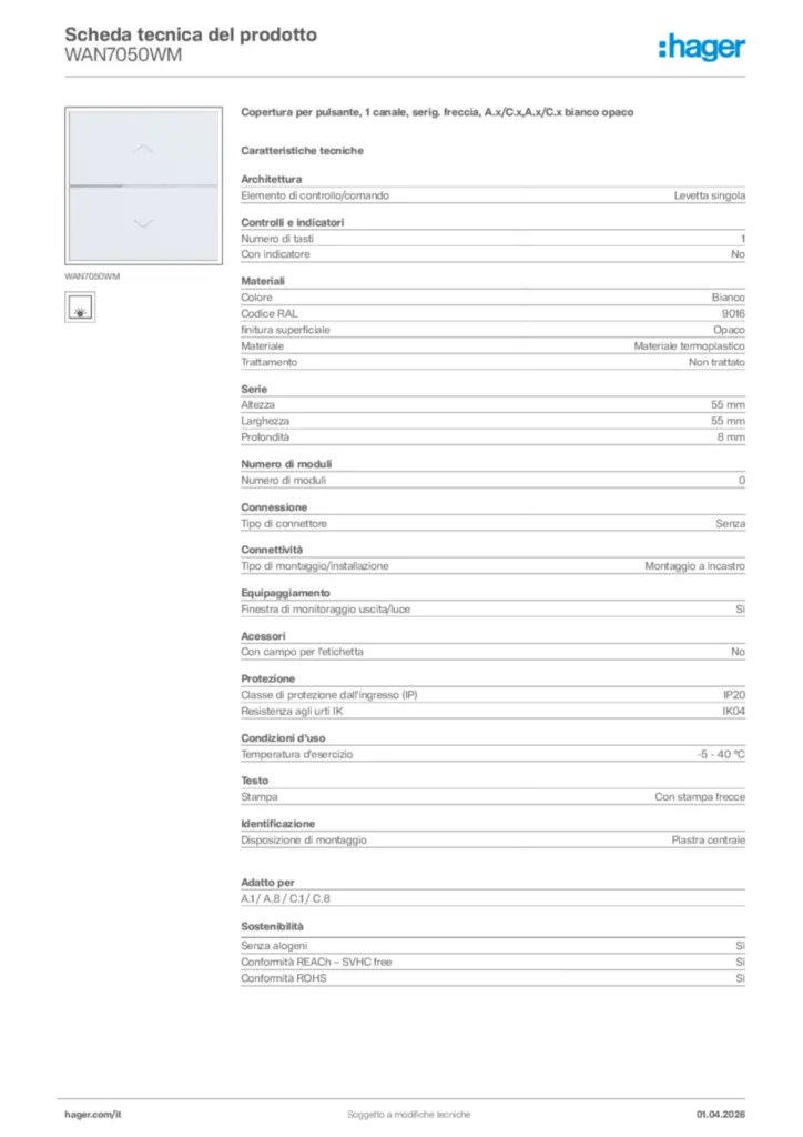 Immagine Hager Scheda tecnica del prodotto WAN7050WM | Hager Italia