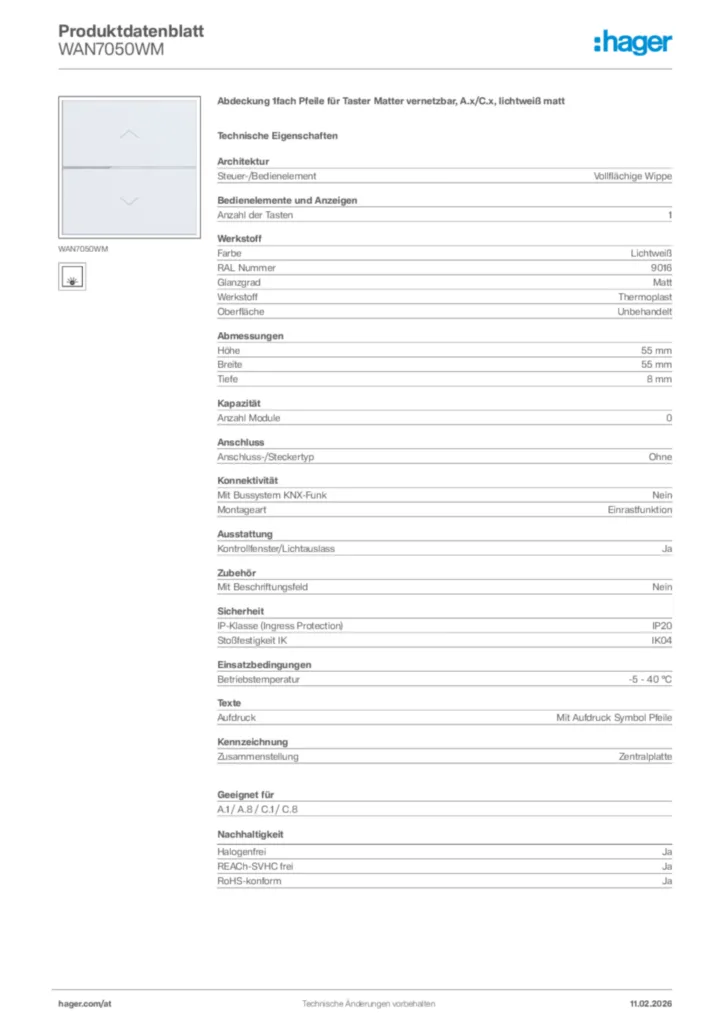 Bild Hager Produktdatenblatt WAN7050WM | Hager Deutschland