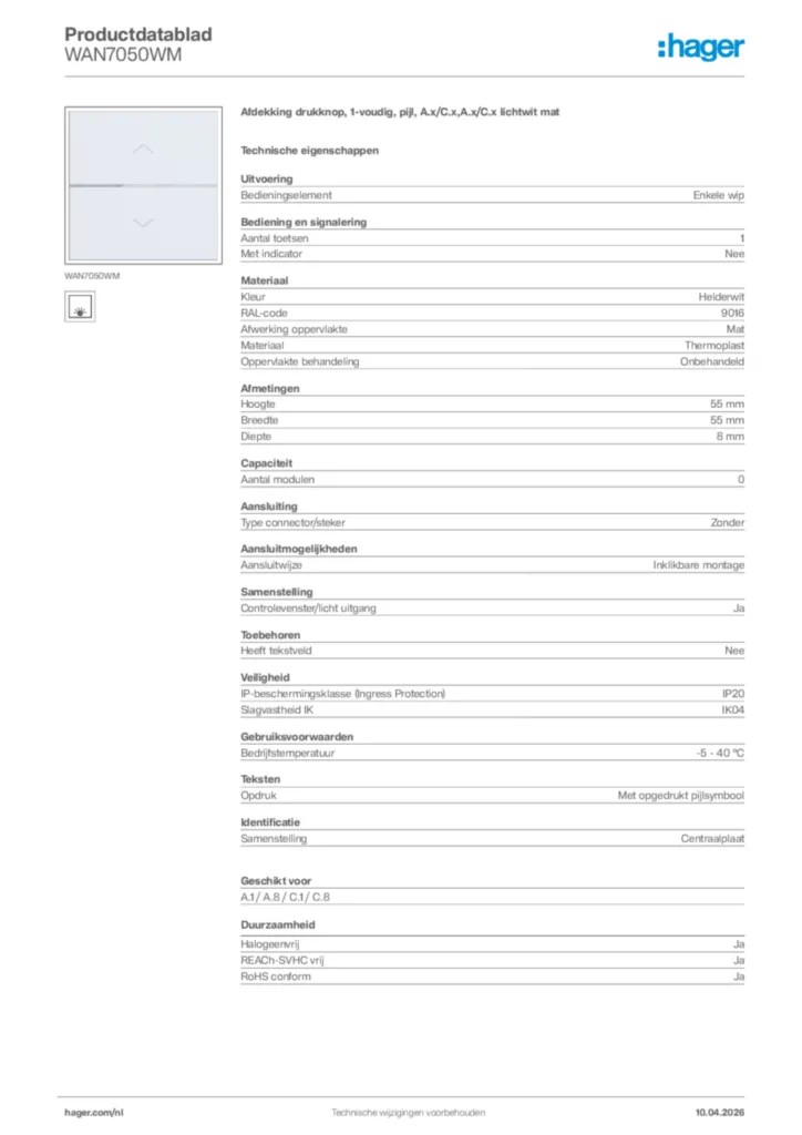 Afbeelding Hager Productdatablad WAN7050WM | Hager Nederland