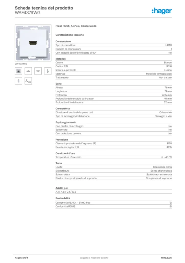 Immagine Hager Scheda tecnica del prodotto WAF4379WG | Hager Italia